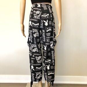 PLAYBOY Y2K Logo Cargo Pockets Black & White High Rise Wide Leg Pants Trousers.